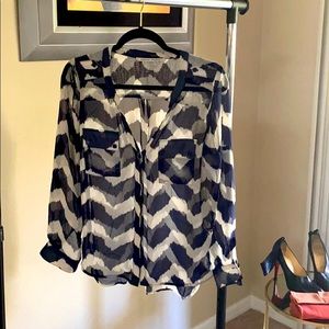 Blue and White button down V Neck Blouse